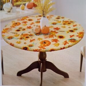 Festive Fall Tablecloth Sunflower & Pumpkin Design 36"-44" Rounded Vinyl Backed